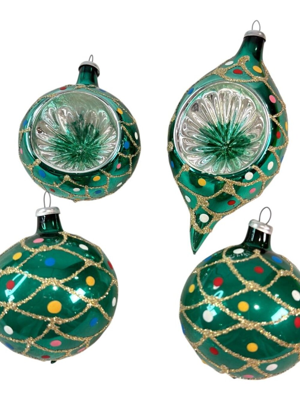 Vintage Columbia Green Polka Dot Multi Color glass Christmas Ornaments Lot of 4